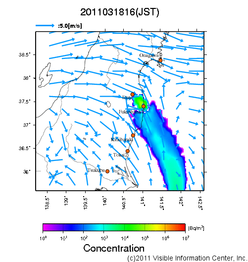 大気中濃度分布[Bq/m3]　2011031816