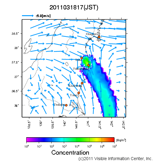 大気中濃度分布[Bq/m3]　2011031817