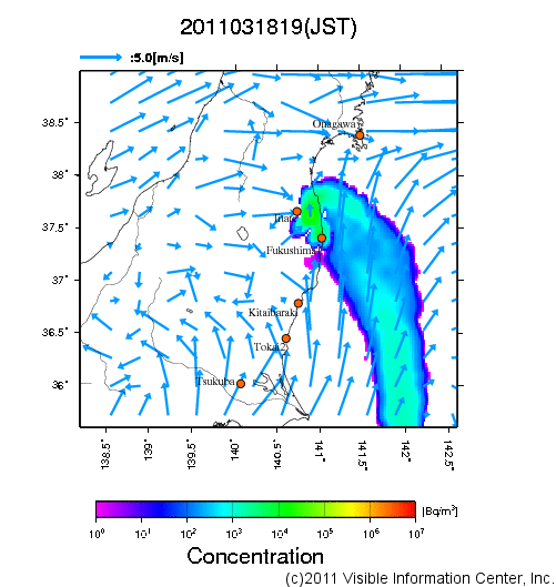 大気中濃度分布[Bq/m3]　2011031819