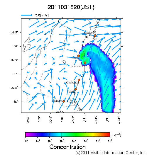 地表付近 大気中濃度分布[Bq/m3]　2011-03-18 20時