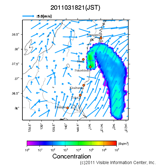 地表付近 大気中濃度分布[Bq/m3]　2011-03-18 21時