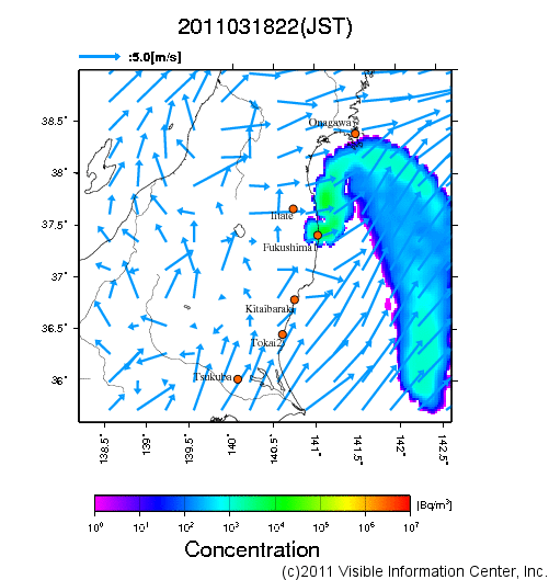 地表付近 大気中濃度分布[Bq/m3]　2011-03-18 22時