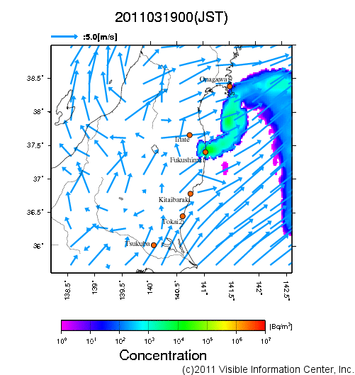 地表付近 大気中濃度分布[Bq/m3]　2011-03-19 00時