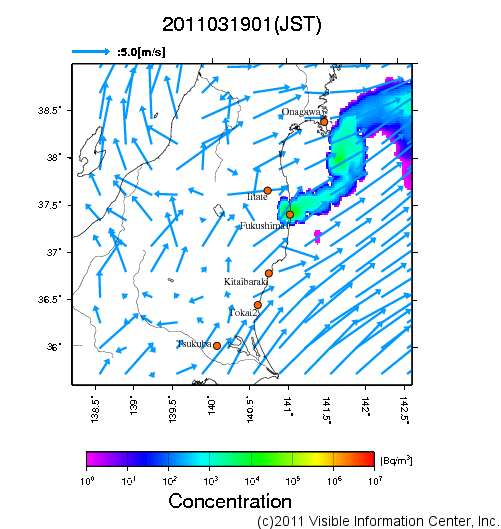 大気中濃度分布[Bq/m3]　2011031901