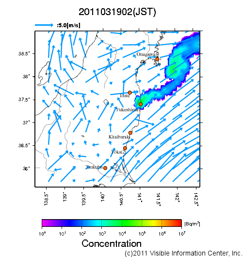 大気中濃度分布[Bq/m3]　2011031902