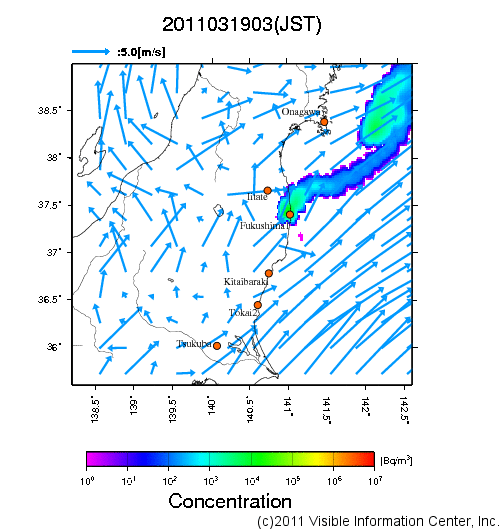 地表付近 大気中濃度分布[Bq/m3]　2011-03-19 03時