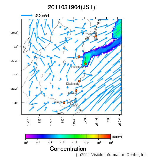 大気中濃度分布[Bq/m3]　2011031904