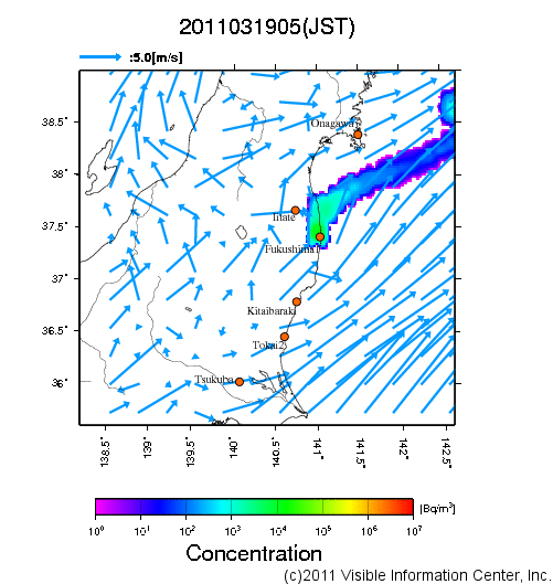 大気中濃度分布[Bq/m3]　2011031905