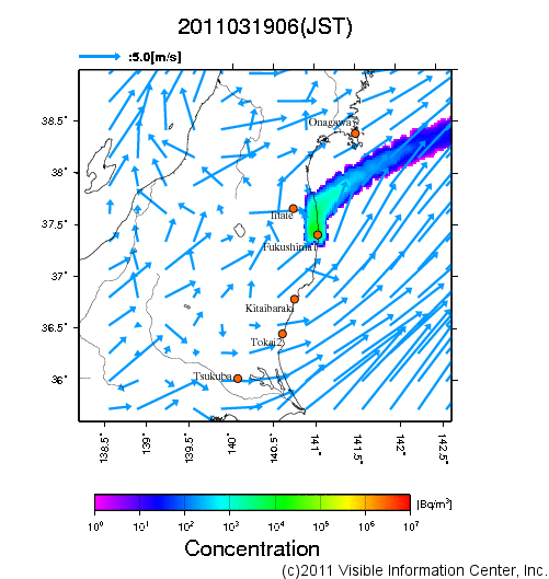 地表付近 大気中濃度分布[Bq/m3]　2011-03-19 06時