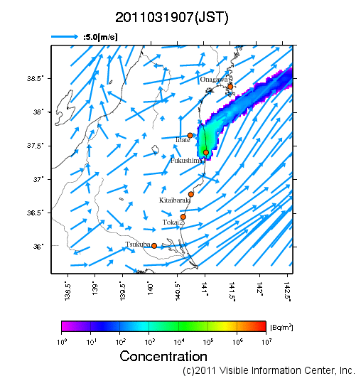 地表付近 大気中濃度分布[Bq/m3]　2011-03-19 07時