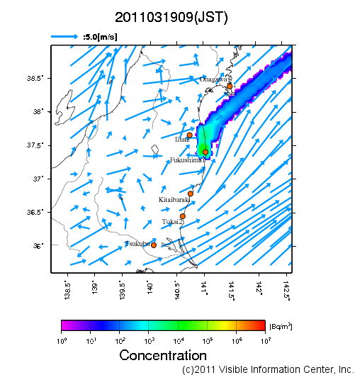 大気中濃度分布[Bq/m3]　2011031909