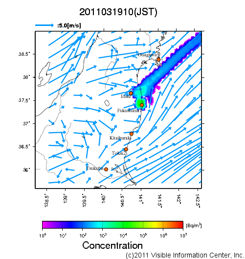 大気中濃度分布[Bq/m3]　2011031910