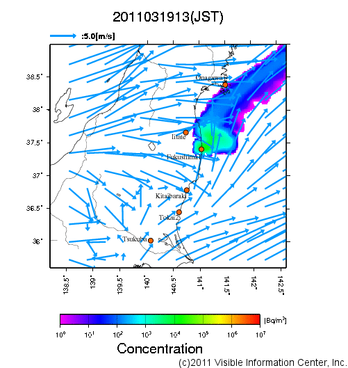 地表付近 大気中濃度分布[Bq/m3]　2011-03-19 13時