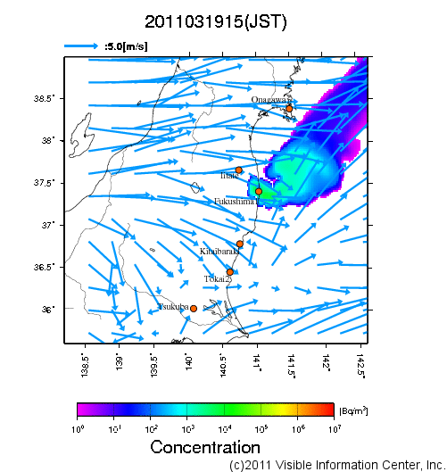 地表付近 大気中濃度分布[Bq/m3]　2011-03-19 15時