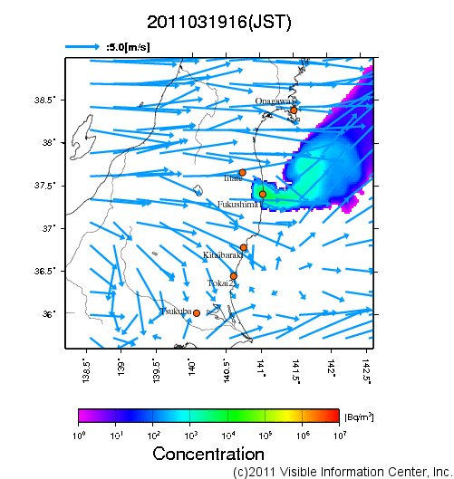 大気中濃度分布[Bq/m3]　2011031916