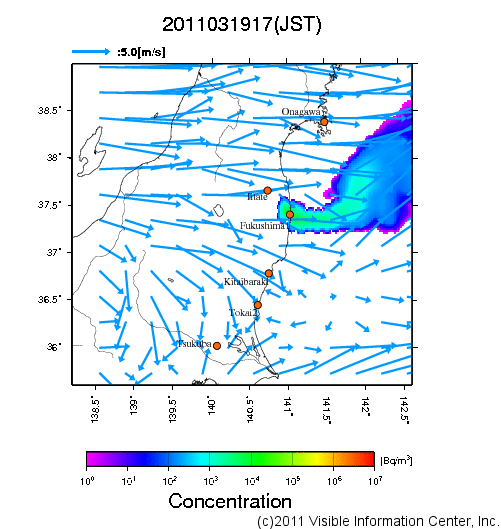 大気中濃度分布[Bq/m3]　2011031917