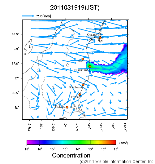 大気中濃度分布[Bq/m3]　2011031919