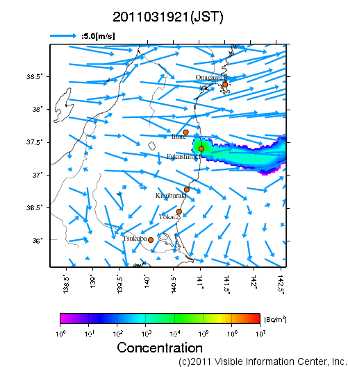 大気中濃度分布[Bq/m3]　2011031921