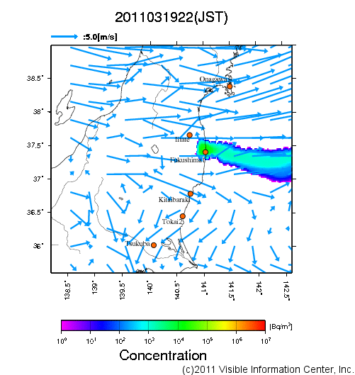 大気中濃度分布[Bq/m3]　2011031922