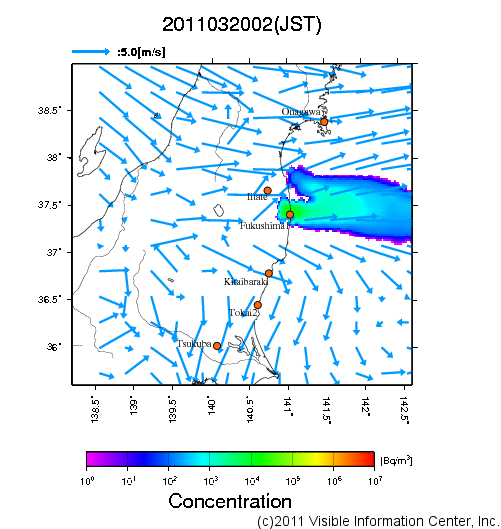 地表付近 大気中濃度分布[Bq/m3]　2011-03-20 02時