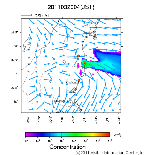 大気中濃度分布[Bq/m3]　2011032004