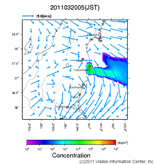 大気中濃度分布[Bq/m3]　2011032005