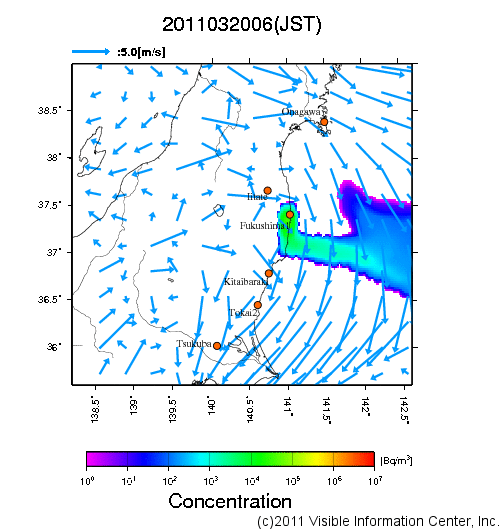 大気中濃度分布[Bq/m3]　2011032006
