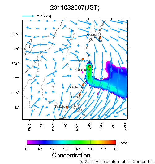 大気中濃度分布[Bq/m3]　2011032007