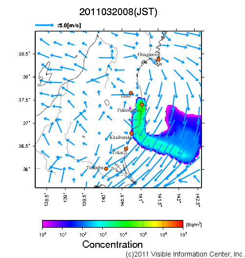 大気中濃度分布[Bq/m3]　2011032008