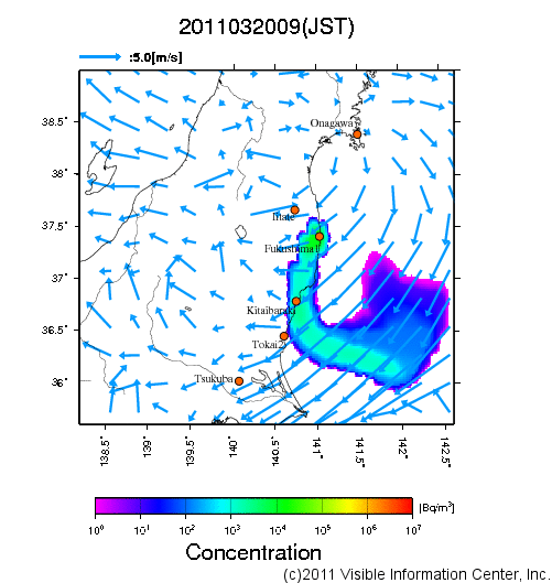 地表付近 大気中濃度分布[Bq/m3]　2011-03-20 09時