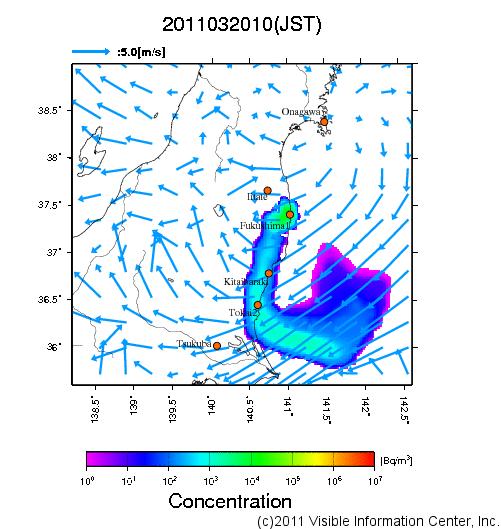 地表付近 大気中濃度分布[Bq/m3]　2011-03-20 10時