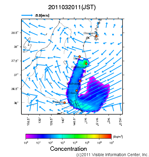 地表付近 大気中濃度分布[Bq/m3]　2011-03-20 11時