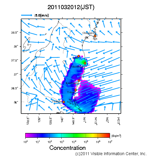 大気中濃度分布[Bq/m3]　2011032012