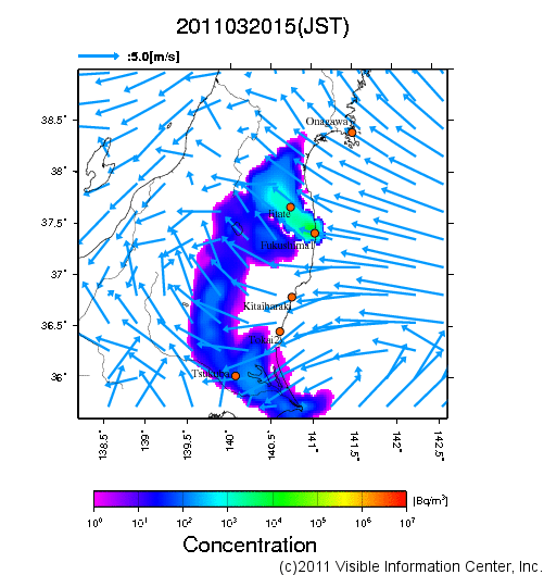 大気中濃度分布[Bq/m3]　2011032015