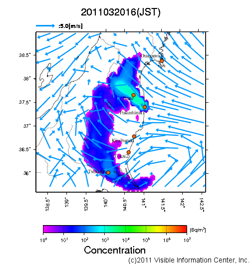 大気中濃度分布[Bq/m3]　2011032016