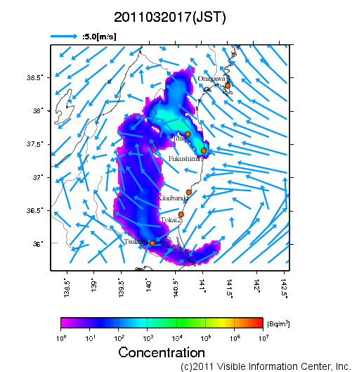 大気中濃度分布[Bq/m3]　2011032017