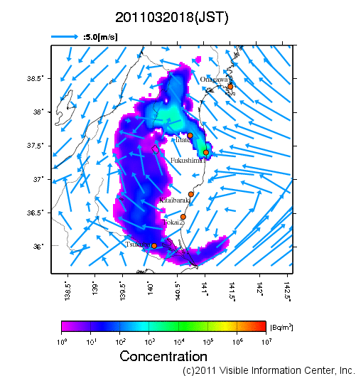 大気中濃度分布[Bq/m3]　2011032018