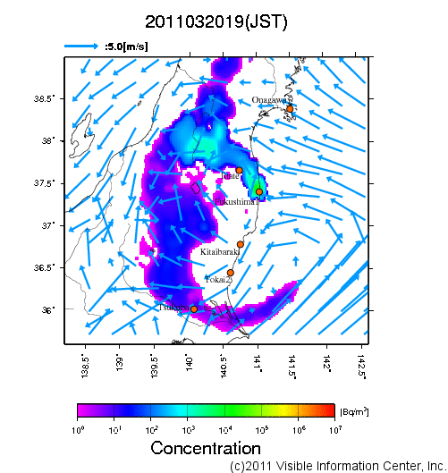 大気中濃度分布[Bq/m3]　2011032019