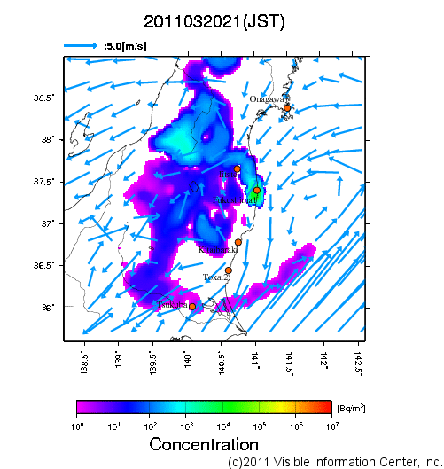 大気中濃度分布[Bq/m3]　2011032021