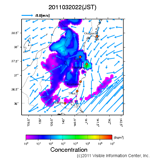 大気中濃度分布[Bq/m3]　2011032022