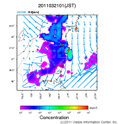 大気中濃度分布[Bq/m3]　2011032101