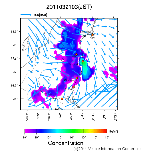 大気中濃度分布[Bq/m3]　2011032103