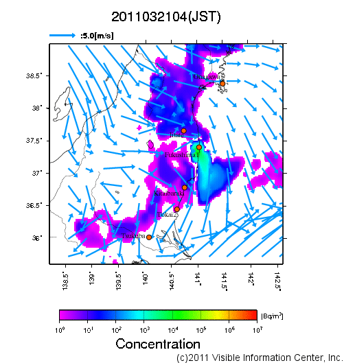 地表付近 大気中濃度分布[Bq/m3]　2011-03-21 04時