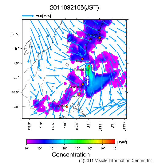 大気中濃度分布[Bq/m3]　2011032105