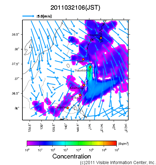 大気中濃度分布[Bq/m3]　2011032106