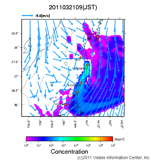 地表付近 大気中濃度分布[Bq/m3]　2011-03-21 09時