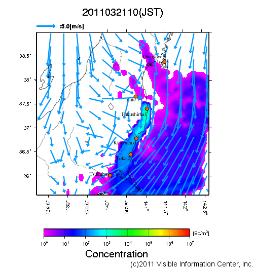 地表付近 大気中濃度分布[Bq/m3]　2011-03-21 10時