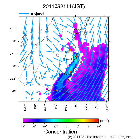 地表付近 大気中濃度分布[Bq/m3]　2011-03-21 11時