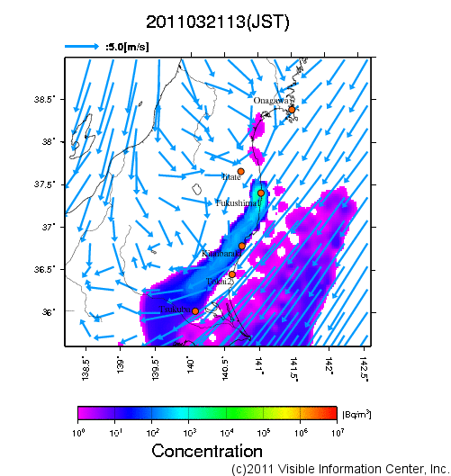 大気中濃度分布[Bq/m3]　2011032113