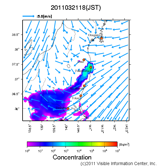 地表付近 大気中濃度分布[Bq/m3]　2011-03-21 18時